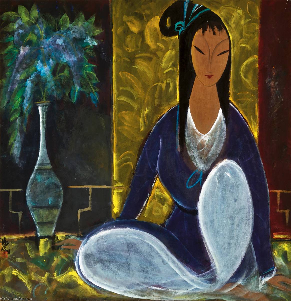 Oil Painting Replica Seated Lady With Flowers By Lin Fengmian Inspired
