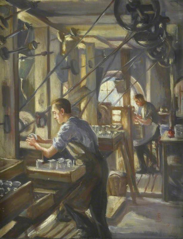 Oil Painting Replica Whitefriars Glass Works, Cutting Shop, Using Belt