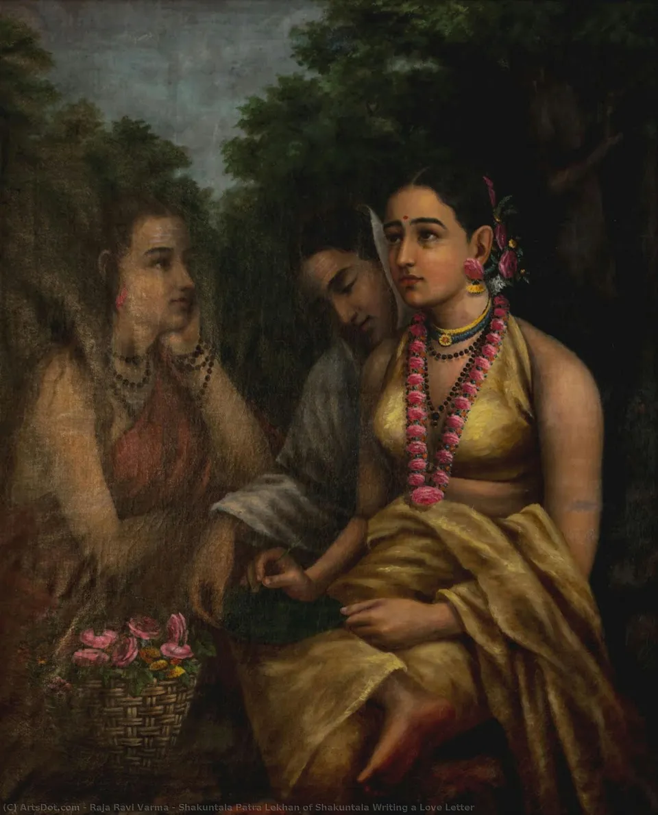 "shakuntala Patra Lekhan Of Shakuntala Writing A Love Letter" -> "shakunțala: Lettera D'amore" — Raja Ravi Varma