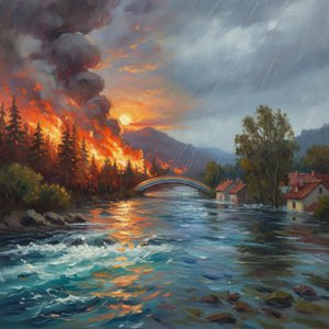 Nature’s Dramatic Pulse: Capturing the Ethereal Beauty of Fire and Floods in Impressionist Art