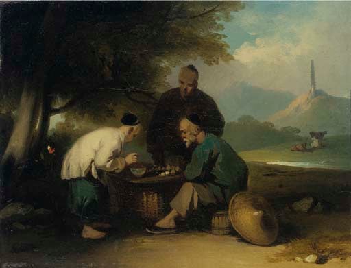 Chinese Gaming At A Table, A Pagoda On A Hill Beyond — George Chinnery