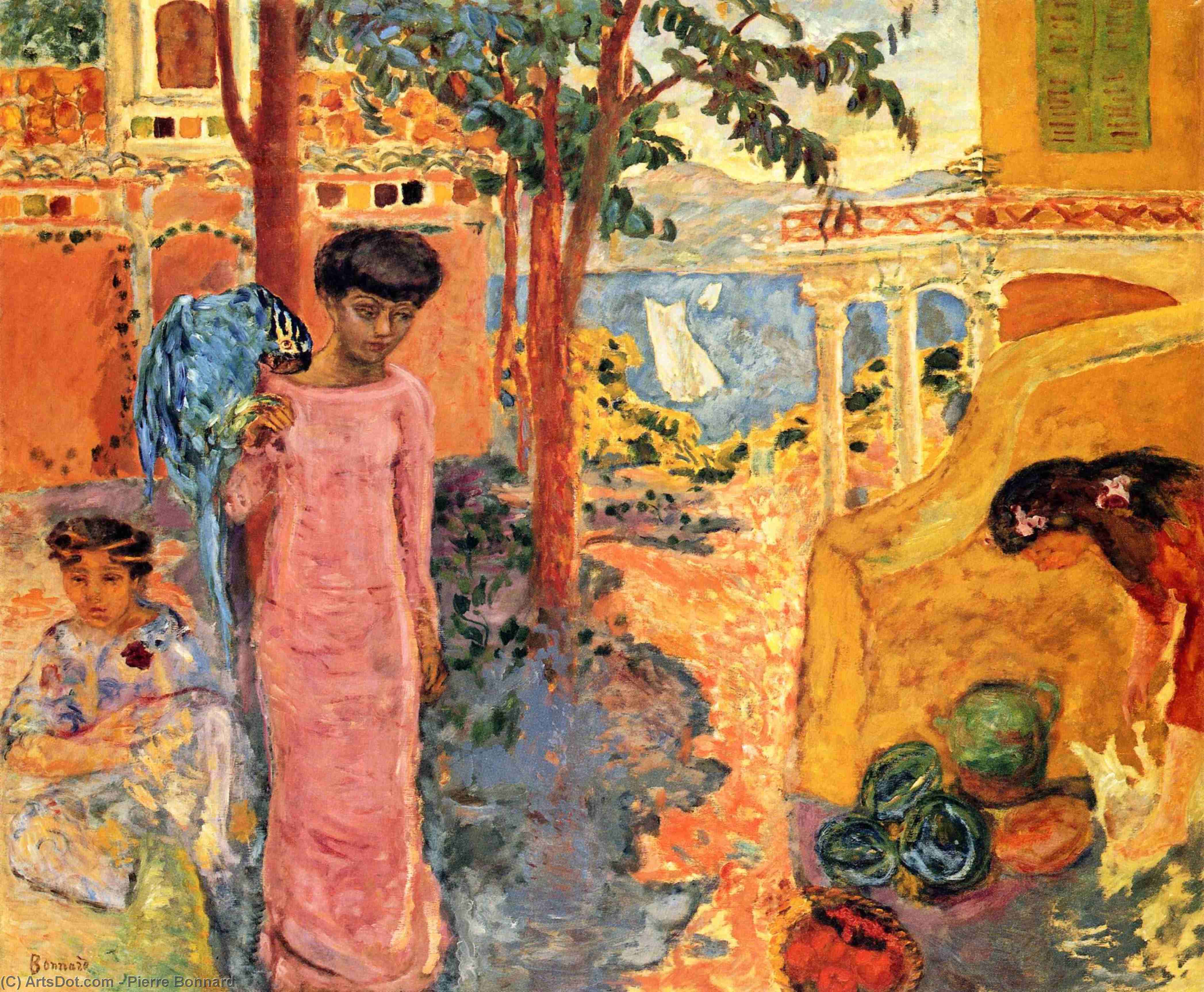 Ragazza con il pappagallo (1910) di Pierre Bonnard, riproduzione di un dipinto a olio realizzato a mano da un maestro d'arte