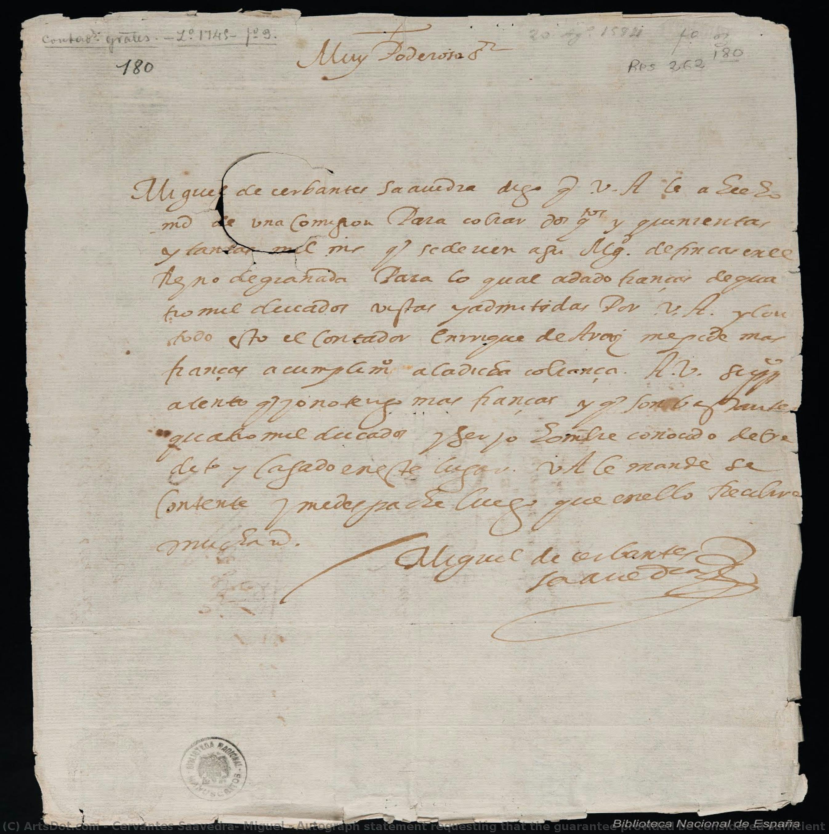 Autograph Statement Requesting That The Guarantee Provided Be Considered Sufficient (biblioteca Nacional De España)\n\n[page 1] — Miguel De Cervantes Saavedra