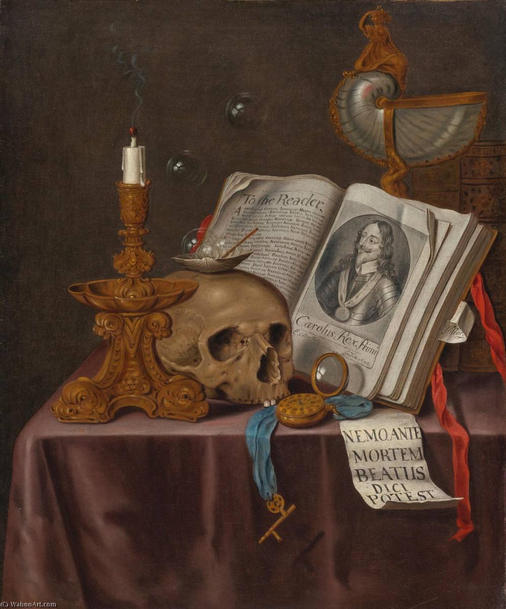 A Vanitas Still Life With A Candlestick, A Skull, A Shell, Bubbles, A Watch, A Portrait Of Charles I, And Other Objects On A Draped Table — Edwaert Collier