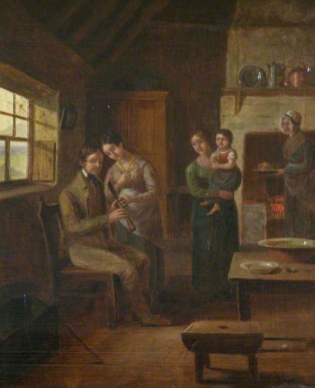 A Seated Man Holding A Chanter And Family In An Interior — Alexander Carse
