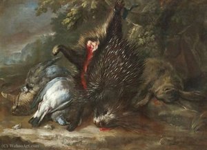 A Still Life With Dead Game And A Porcupine Hanging From A Branch — Baldassarre De Caro