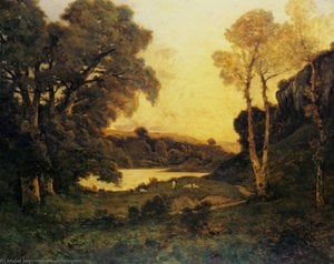 Goats Grazing Beside A Lake At Sunset — Henri-joseph Harpignies