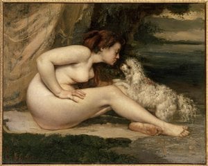 Female Nude With A Dog (portrait Of Leotine Renaude) — Gustave Courbet, Contemporary Realism
