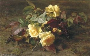 Yellow Roses And Elderberries On A Forest Floor — Geraldine Jacoba Van De Sande Bakhuyzen