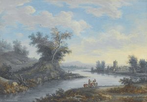 A Rocky River Landscape With Travellers On A Country Path And Figures Resting Beside A Waterfall — Christoph Ludwig Agricola