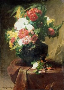 Peonies In A Vase On A Draped Table