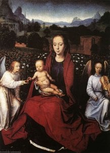 Virgin And Child In A Rose Garden With Two Angels — Hans Memling, Northern Renaissance