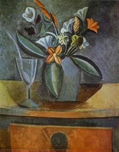 Flowers In A Grey Jug And Wine-glass With Spoon — Пабло Пикассо, Cubist Still Life