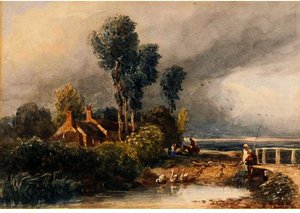 Children Fishing By A Bridge, Cottages Beyond — David Cox