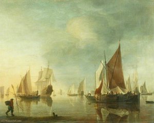 Shipping at Anchor off the Shore in a Calm Sea