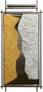 Handcrafted Oil Painting On Canvas, Abstract Face Profile In Golden Yellow, White, And Silver With Dark Brown Accents, Mounted On Sleek Silver Metal Frame, Abstract Art
