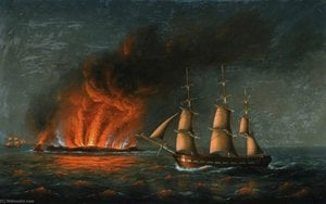 Volcanic Island Exploding with Three Masted Vessel Standing Off