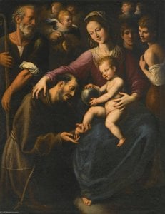 The Holy Family With Saint Francis Of Assisi Adoring The Christ Child, With Two Youths And Angels Above — Fabrizio Santafede
