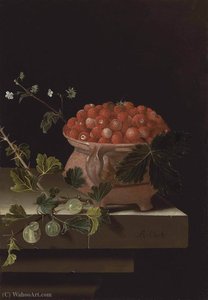 A bowl of strawberries with gooseberries on a stone ledge