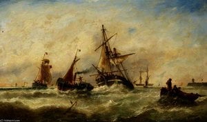 A Damaged Brig Being Towed Into Harbour — John Callow