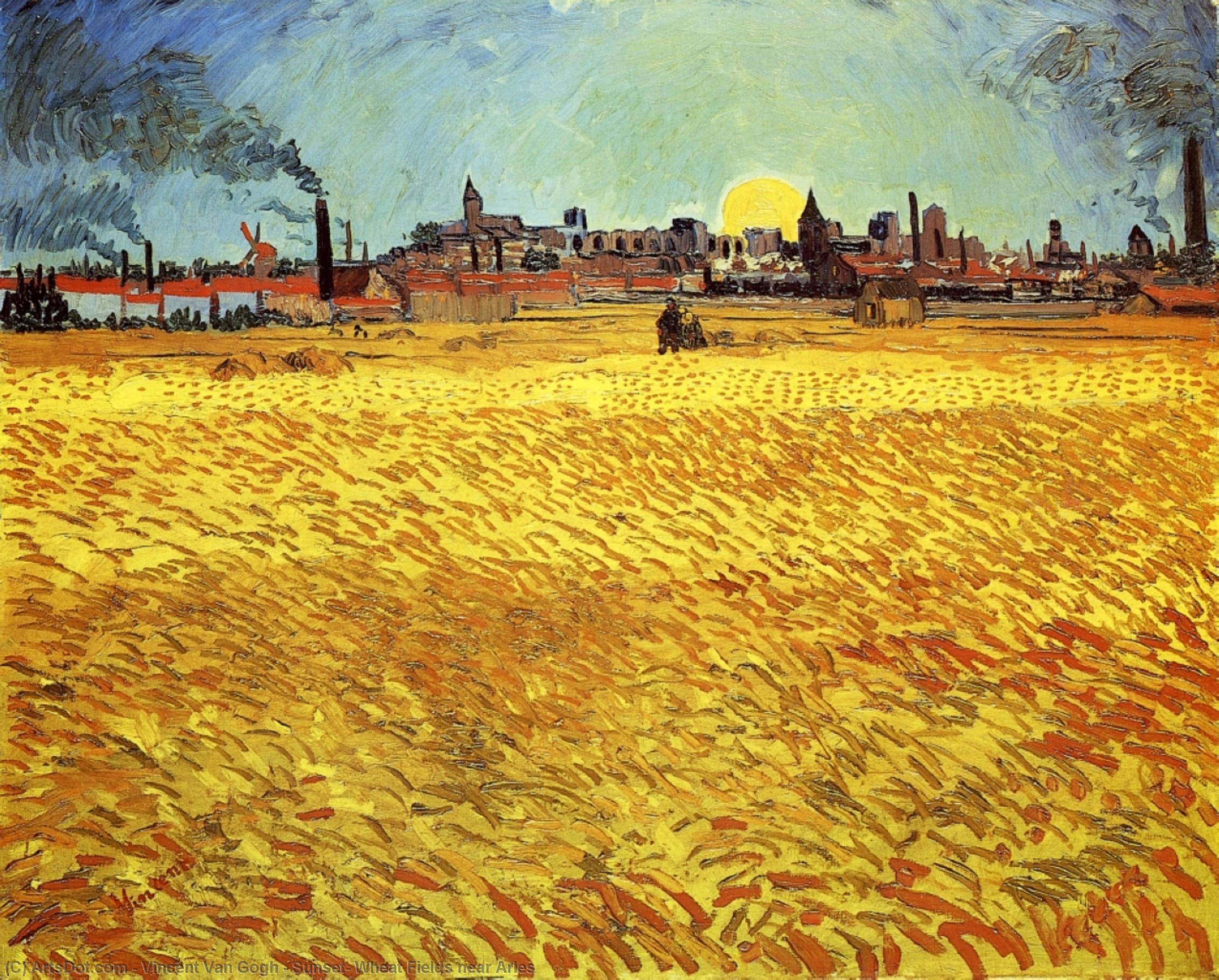Slnko Za Západom: Hrštové Pole Blízko Arles — Vincent Willem Van Gogh