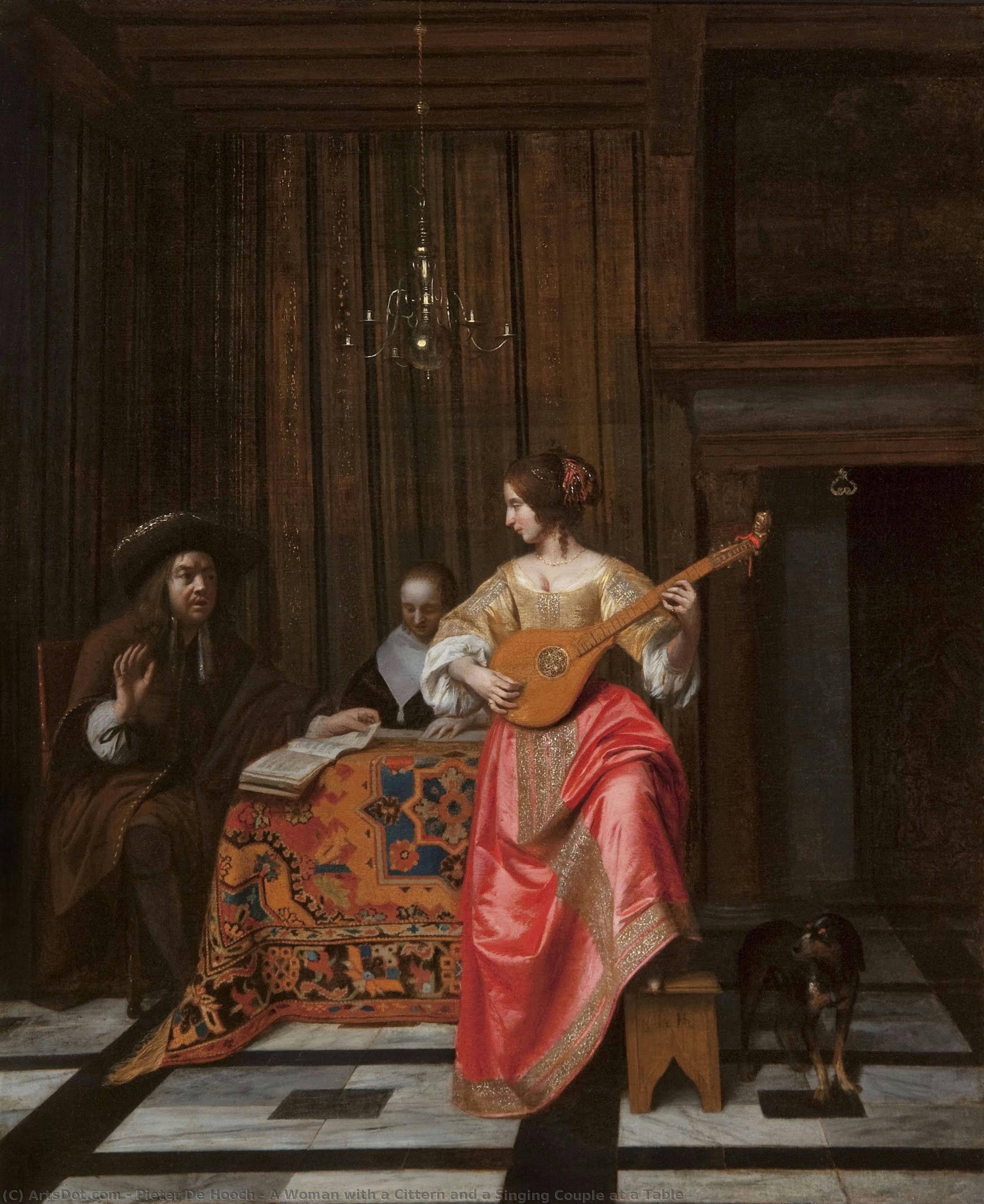 Uma Mulher Com Um Cittern E Um Casal Cantando À Mesa — Pieter De Hooch