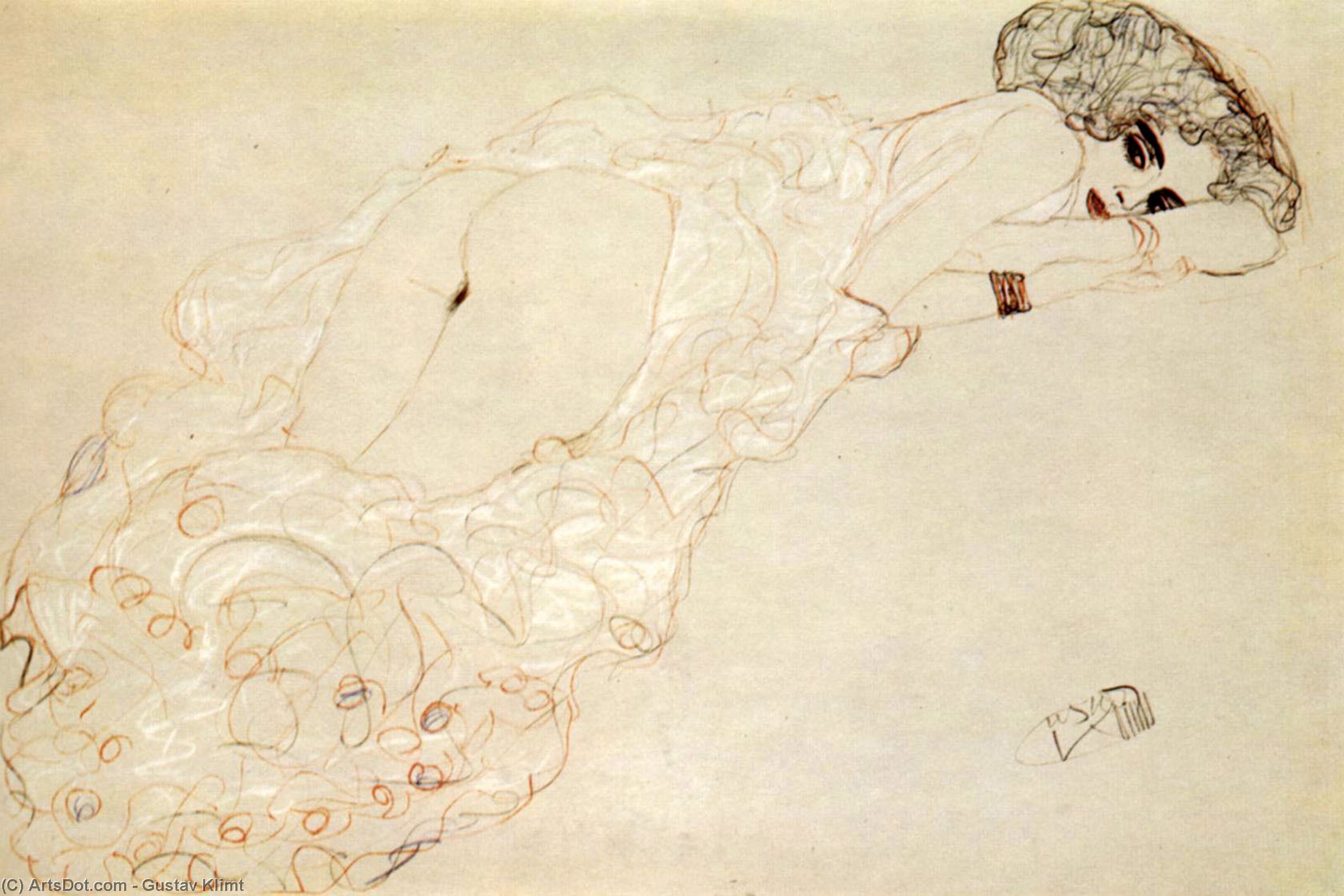 Reclining Nude Lying On Her Stomach And Facing Right — Gustave Klimt