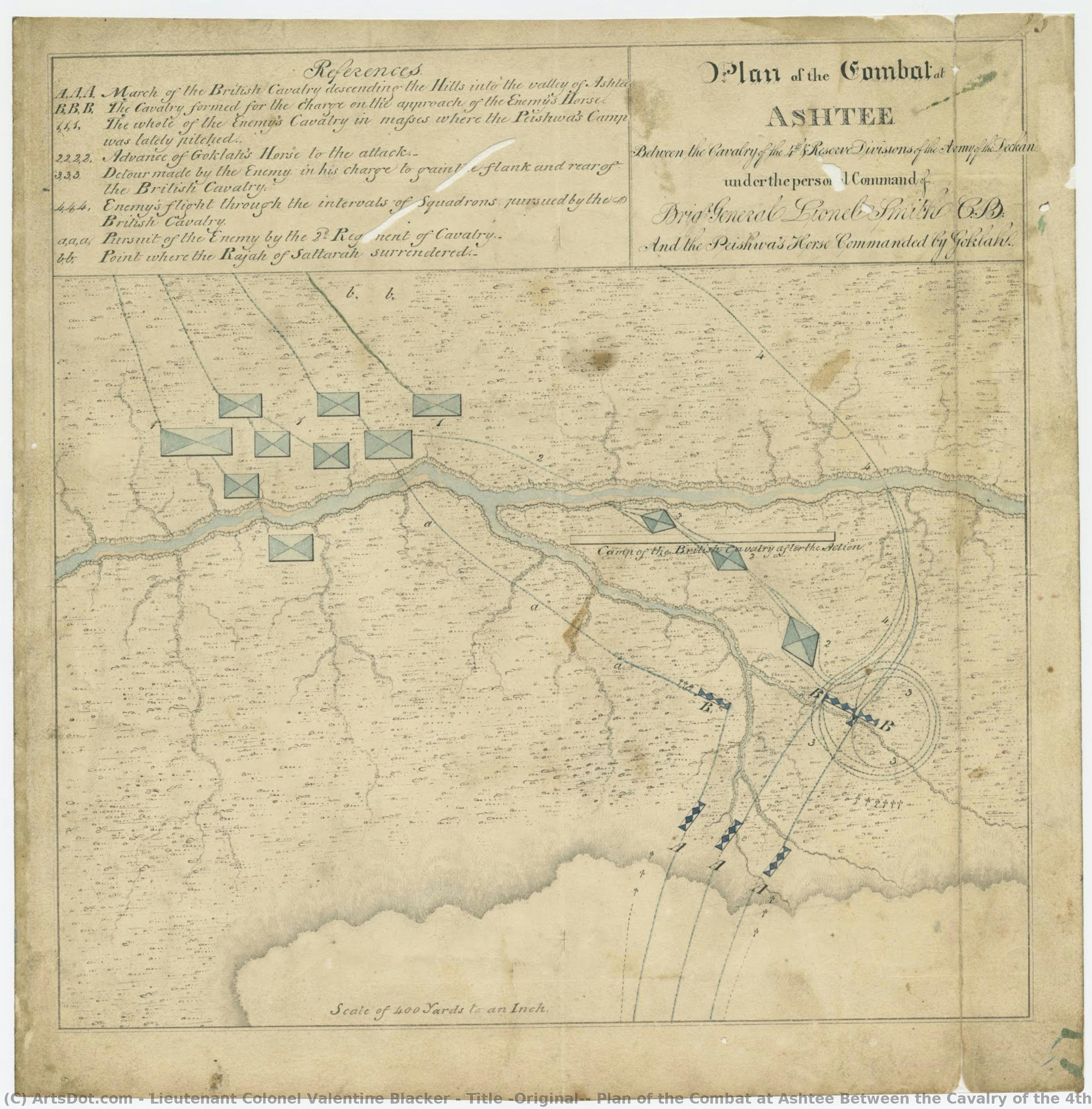 Title (original): Plan Of The Combat At Ashtee Between The Cavalry Of The 4th & Reserve Divisions Of The Army Of The Deckan Under The Command Of Brig. General Lionel Smith, C.b. And The Pasha’s Horse Commanded By Geklahl. — Tenente Colonnello Valentine Blacker