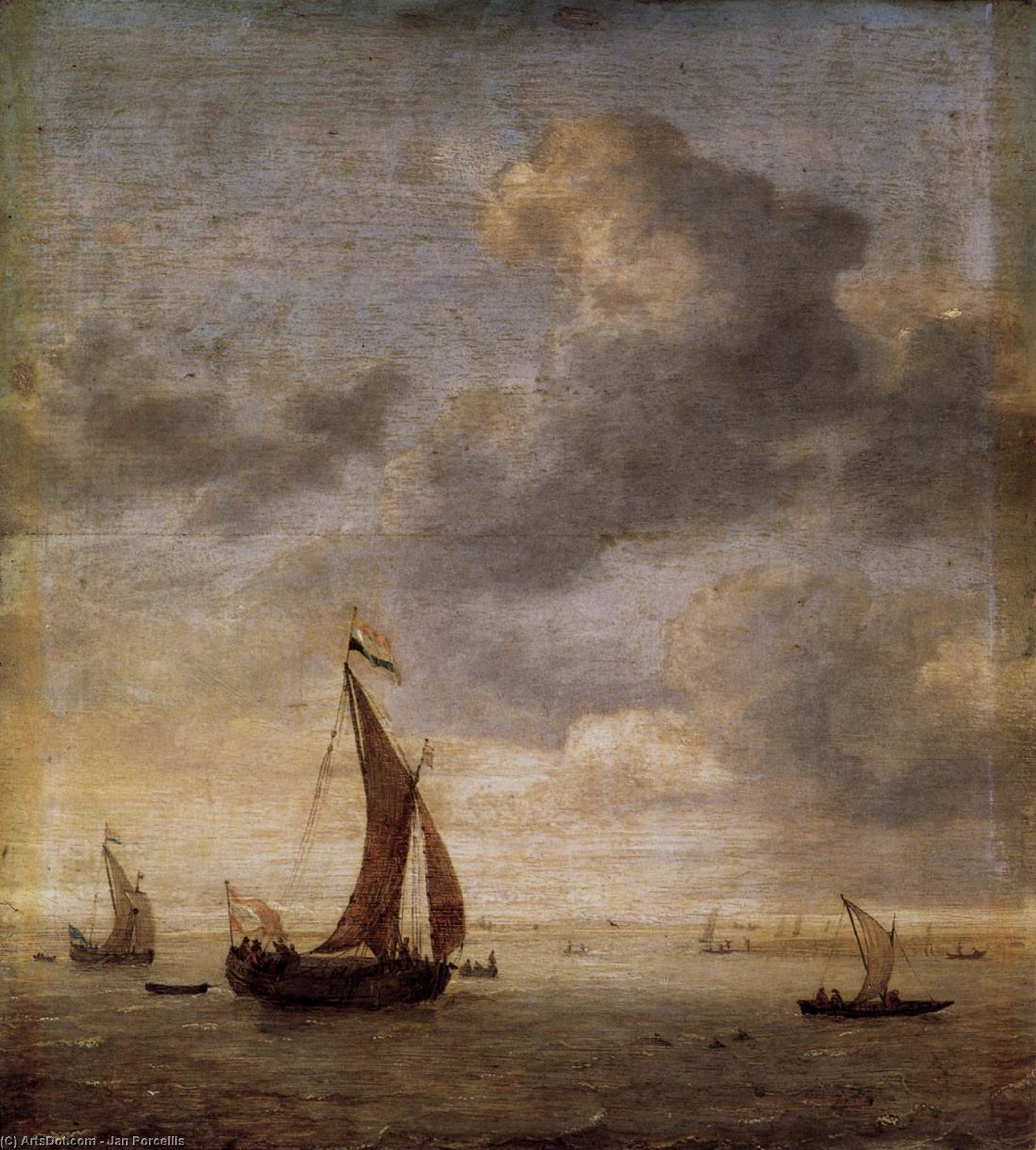 Single-masted Damlooper And Rowboat On A Breezy Day — Jan Porcellis