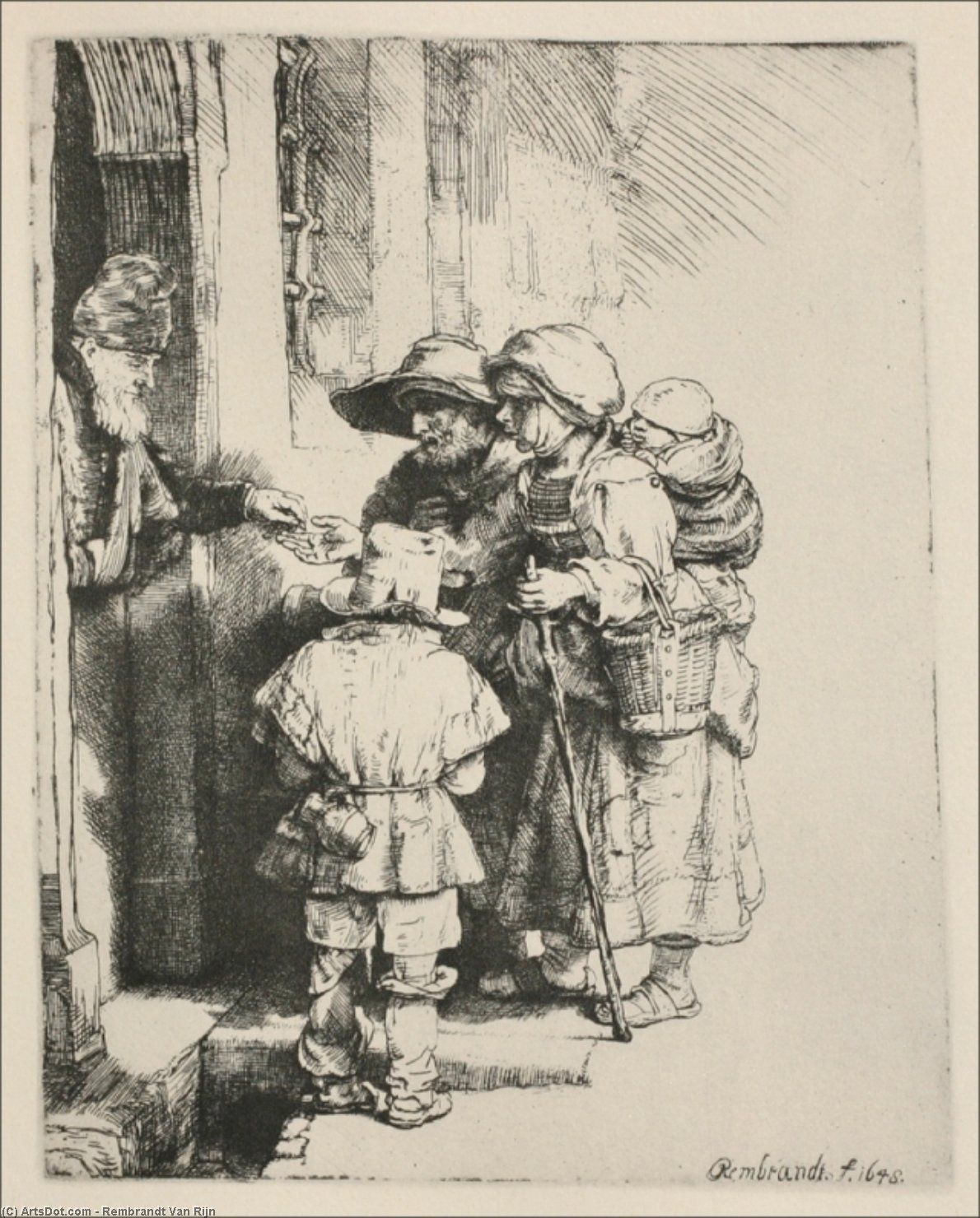 Rembrandt van Rijn - Trois mendiants devant une maison