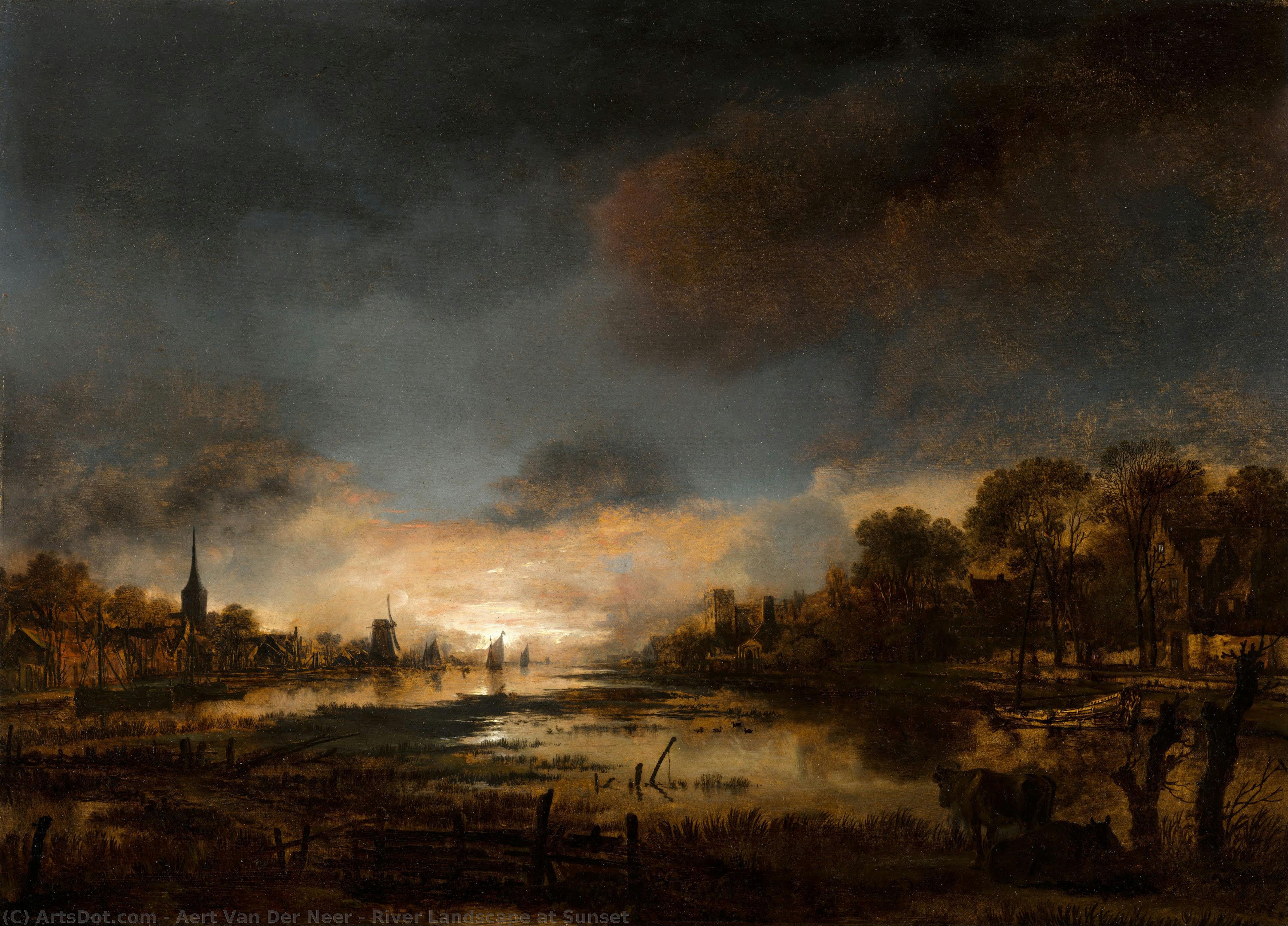 Krajobraz Rzeki Przy Zachodzie Słońca — Aert Van Der Neer