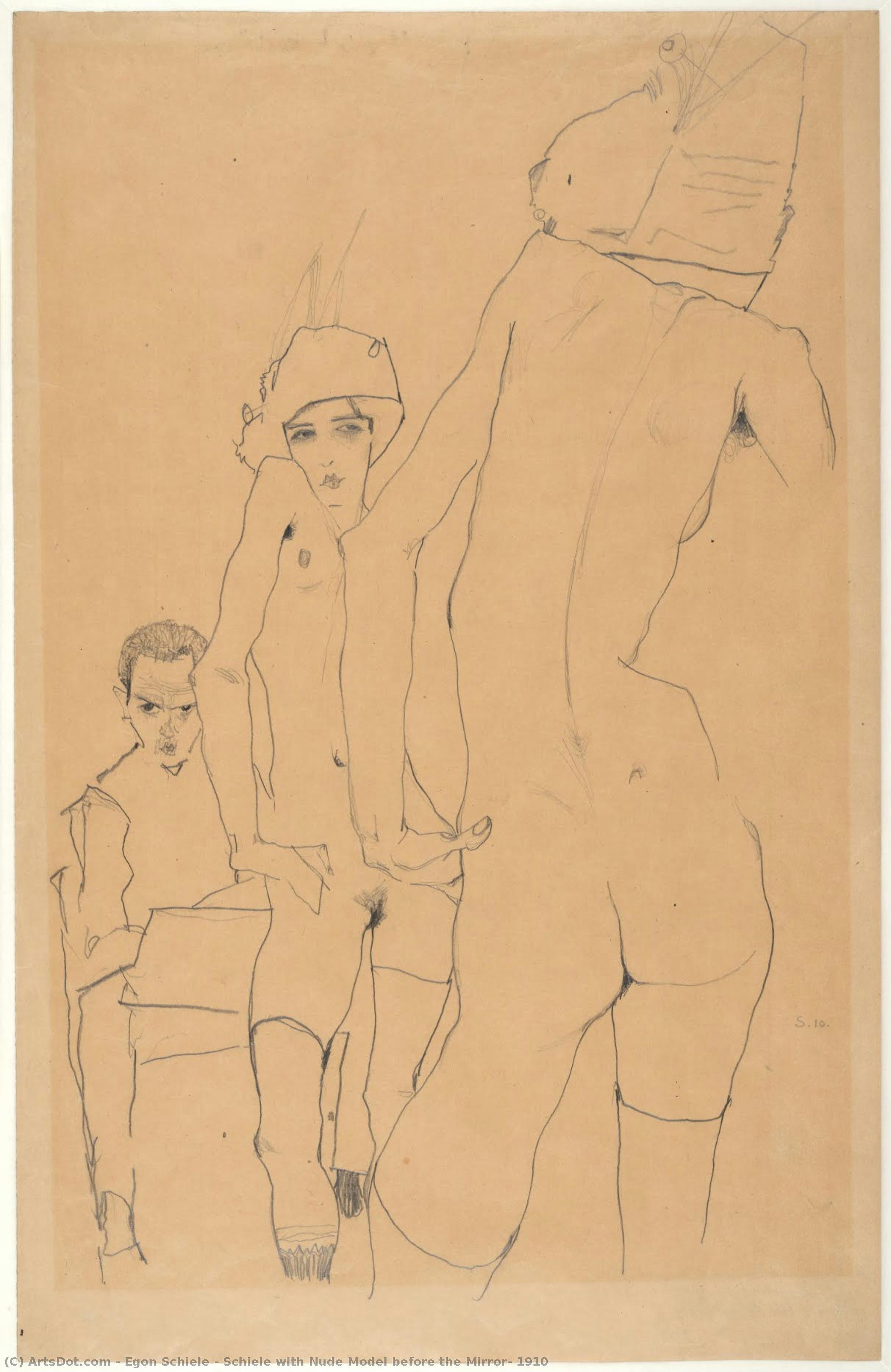 Egon Schiele - Schiele avec modèle nu devant le miroir