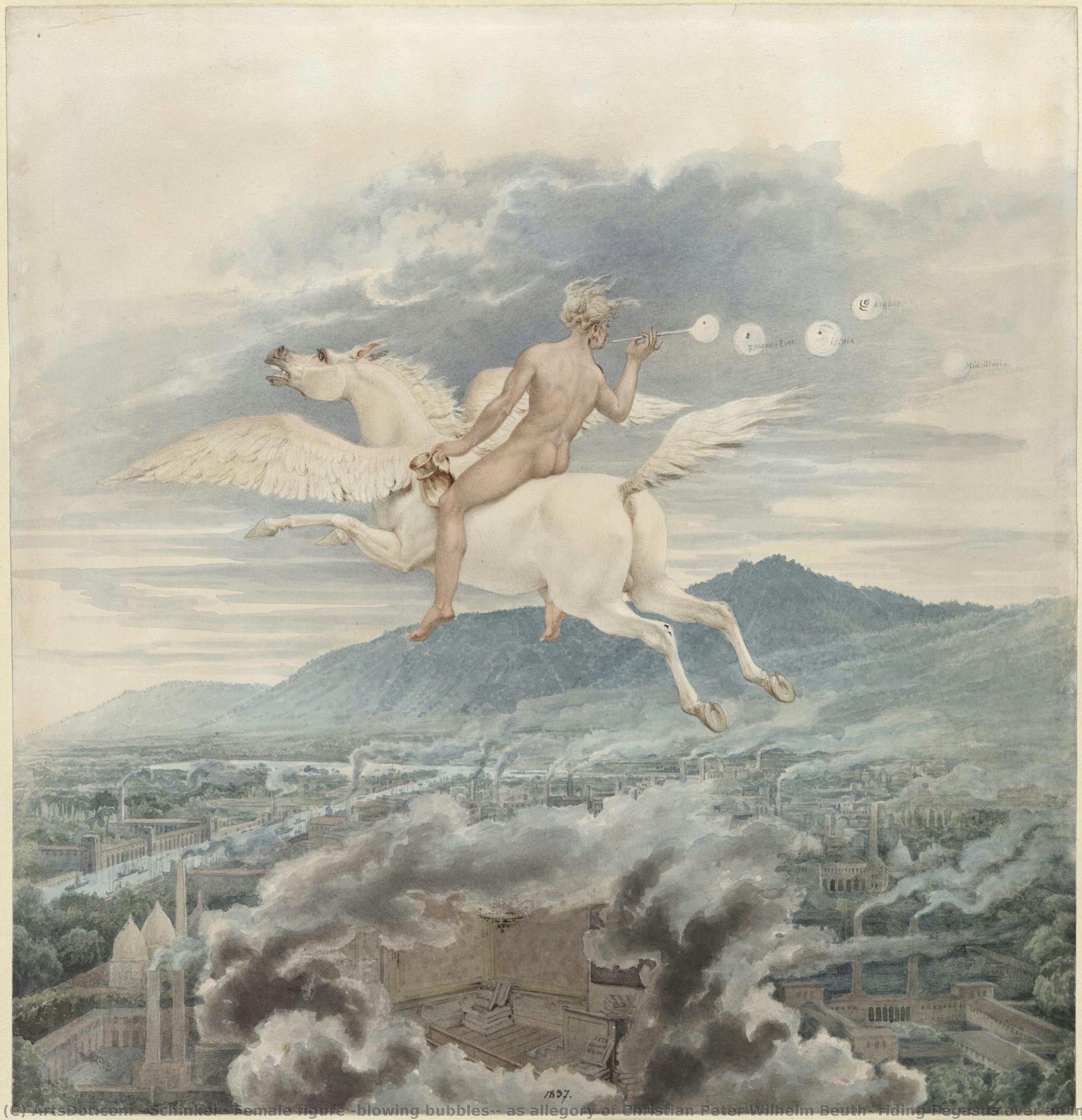 Figure Féminine Soufflant Des Bulles : Allégorie De Christian Peter Wilhelm Beuth Chevauchant Pégase Au-dessus D'une Ville Industrielle — Karl Friedrich Schinkel