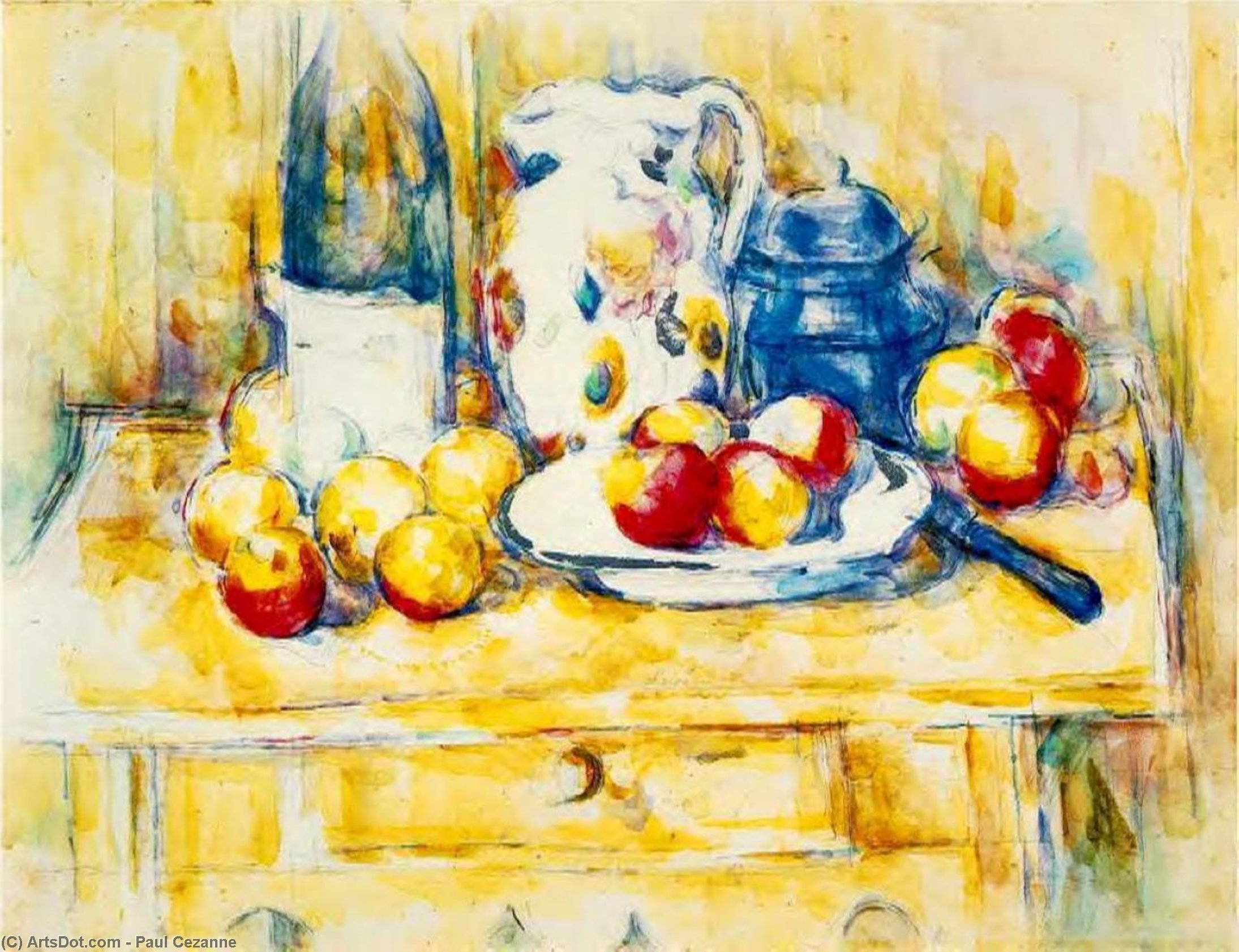 Paul Cézanne - Luonnonkuva: Omenat, pullo ja maitokannu