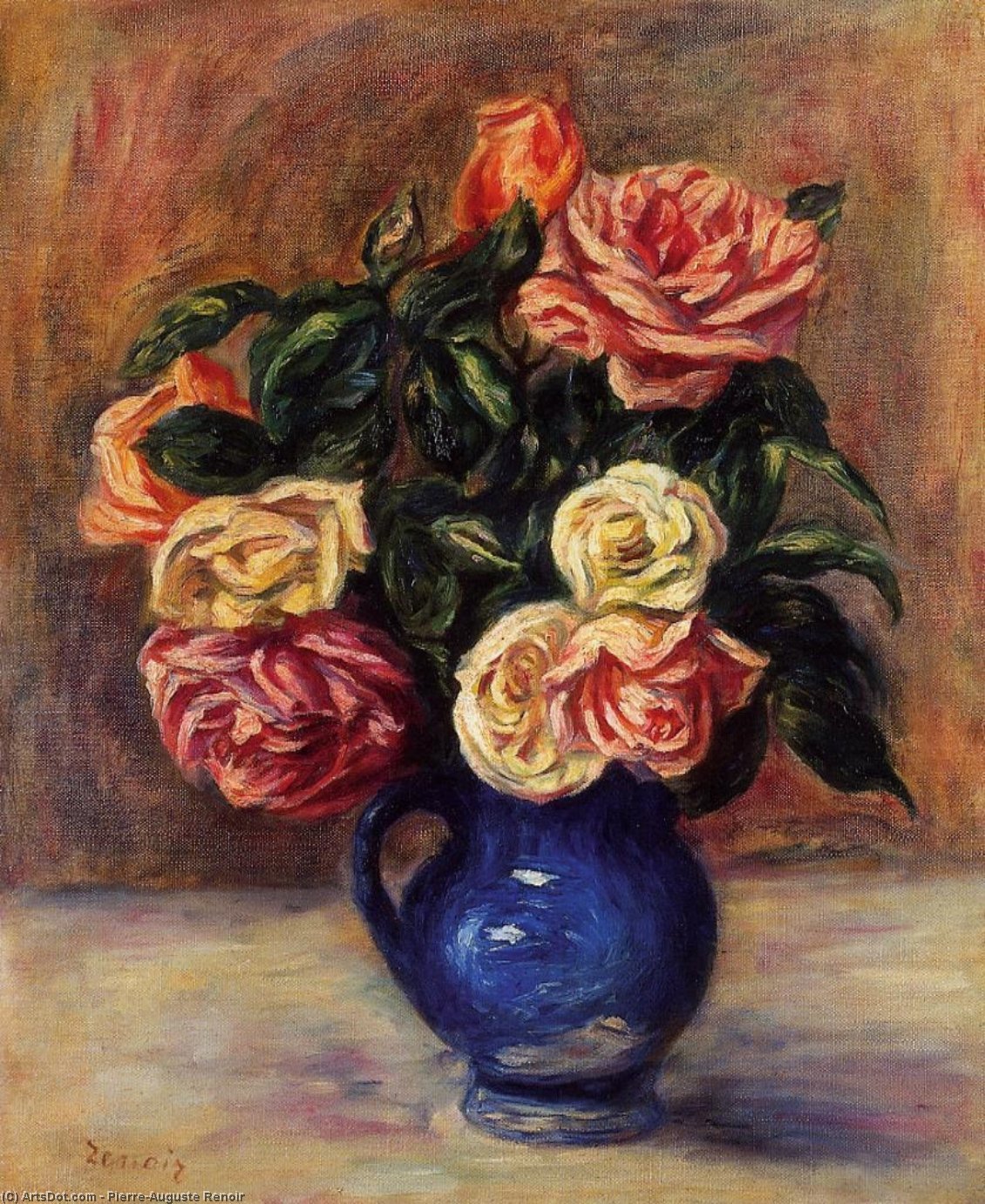 Roses In A Blue Vase — Pierre-auguste Renoir