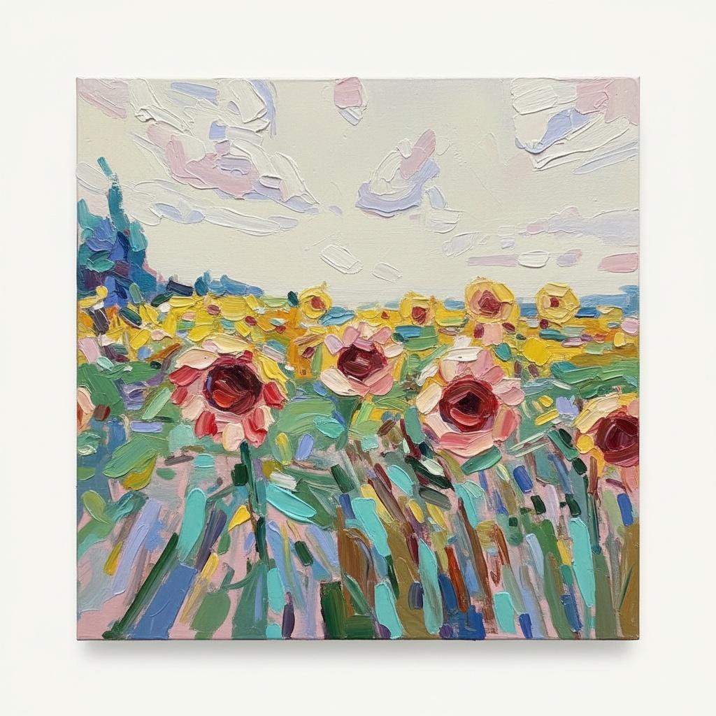 Soledad Dorada: Un Estudio De Impasto De Girasoles Bajo Un Sereno Cielo Nublado — Adrien Cordier