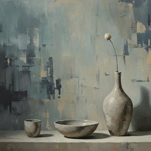 Weathered Stoneware In Slate And Ochre Shadows — David Moreau, Plaster & Texture Art