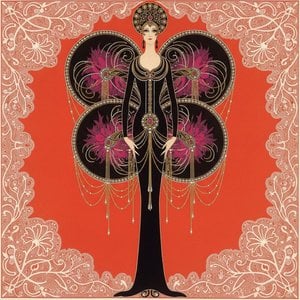 Gilded Silhouette Amidst Vermilion Lace And Ornate Gold Discs — Valentin Laurent De Courcey