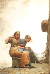 Mending The Nets, Watercolor And Gouache Over Gr — Winslow Homer