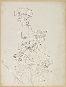 cheong soo pieng - (Untitled) Old Woman Weaving Baskets
