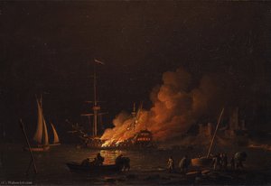 Ship On Fire At Night — Charles Brooking