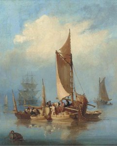 Fishermen Gossiping As They Work, With A Large Three-decker Beyond — Nicholas Matthew Condy