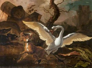 A Swan Enraged By Dogs — Abraham Hondius Danielsz