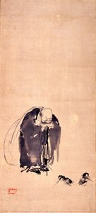 Miyamoto Musashi - Hotei, God of Fortune, watching at Cock Fighting (Important Art Object)