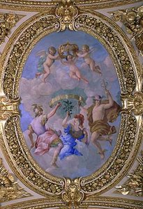 Allégorie Du Traité Des Pyrénées Ou La Paix Fruit De La Guerre La Paix Mettant Le Feu À Un Monceau D'armes La Déesse De L'agriculture Encourageant Les Travaux De La Campagne — Đovani Frančesko Romaneli