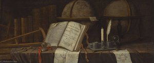 A Vanitas Still Life With Celestial And Terrestial Globes, A Pair Of Dividers, A Sextant, An Inkwell With A Quill And A Candle, And A Copy Of A Mathematical Compendium, Or, Useful Practices In Arithmetick, Geometry, And Astronomy, Geography And Navig.... — Edwaert Collier