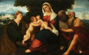 The Holy Family, With Saint Catherine, The Infant Saint John, And Saint Mark — Bonifazio Veronese, Renaissance