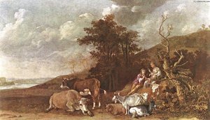 Paulus Potter - Landscape with Shepherdess and Shepherd Playing Flute