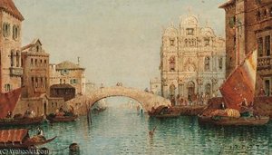 Vessels On A Venetian Canal By A Bridge — William Meadows