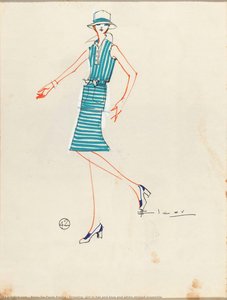 Alceu De Paula Penna - Drawing, girl in hat and blue and white striped ensemble